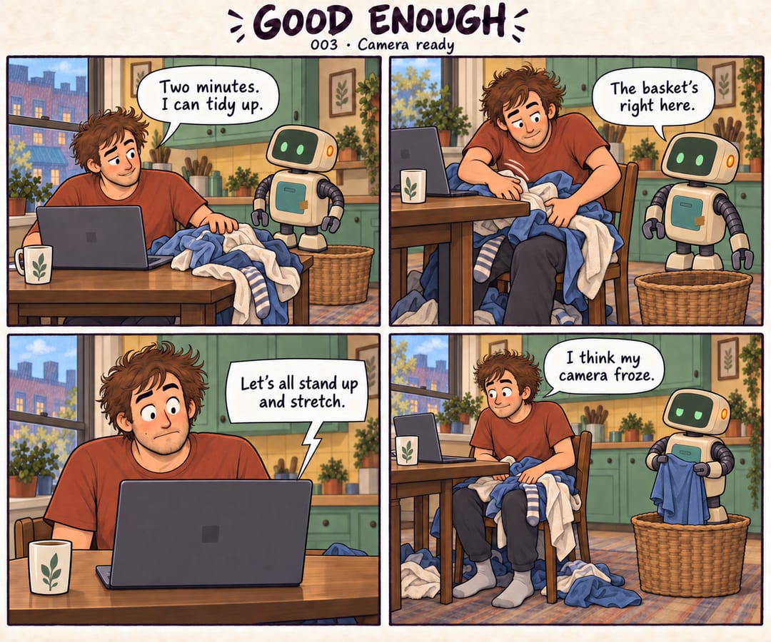 Four panels. A tech engineer hides laundry under his desk for a video call. When the call asks everyone to stand, he pretends his camera froze.