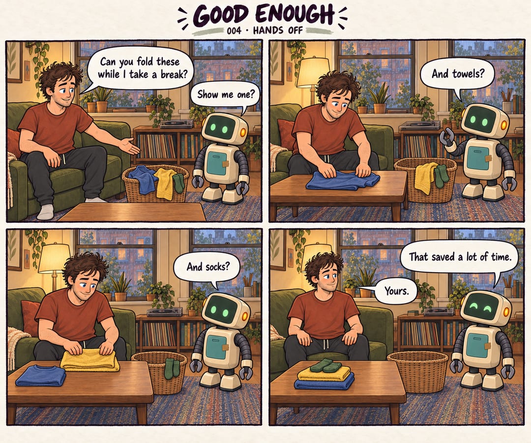 A four-panel living-room comic. Mobius asks his small robot roommate Patch to fold laundry. Patch requests demonstrations of shirts, towels and…
