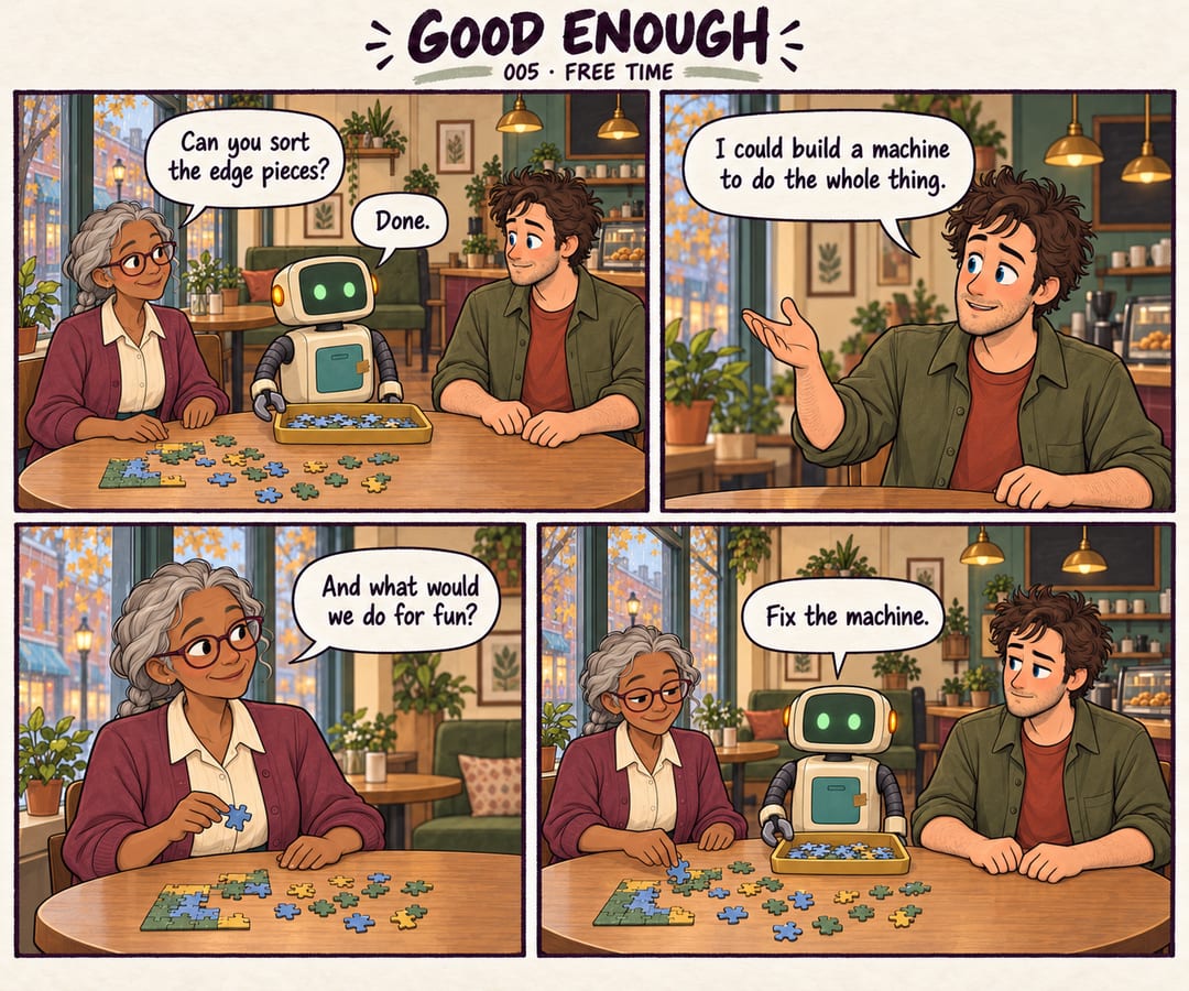 Four panels at a warm neighborhood café. June and Mobius sit at a jigsaw table with Patch, the small beige robot. Patch sorts edge pieces…