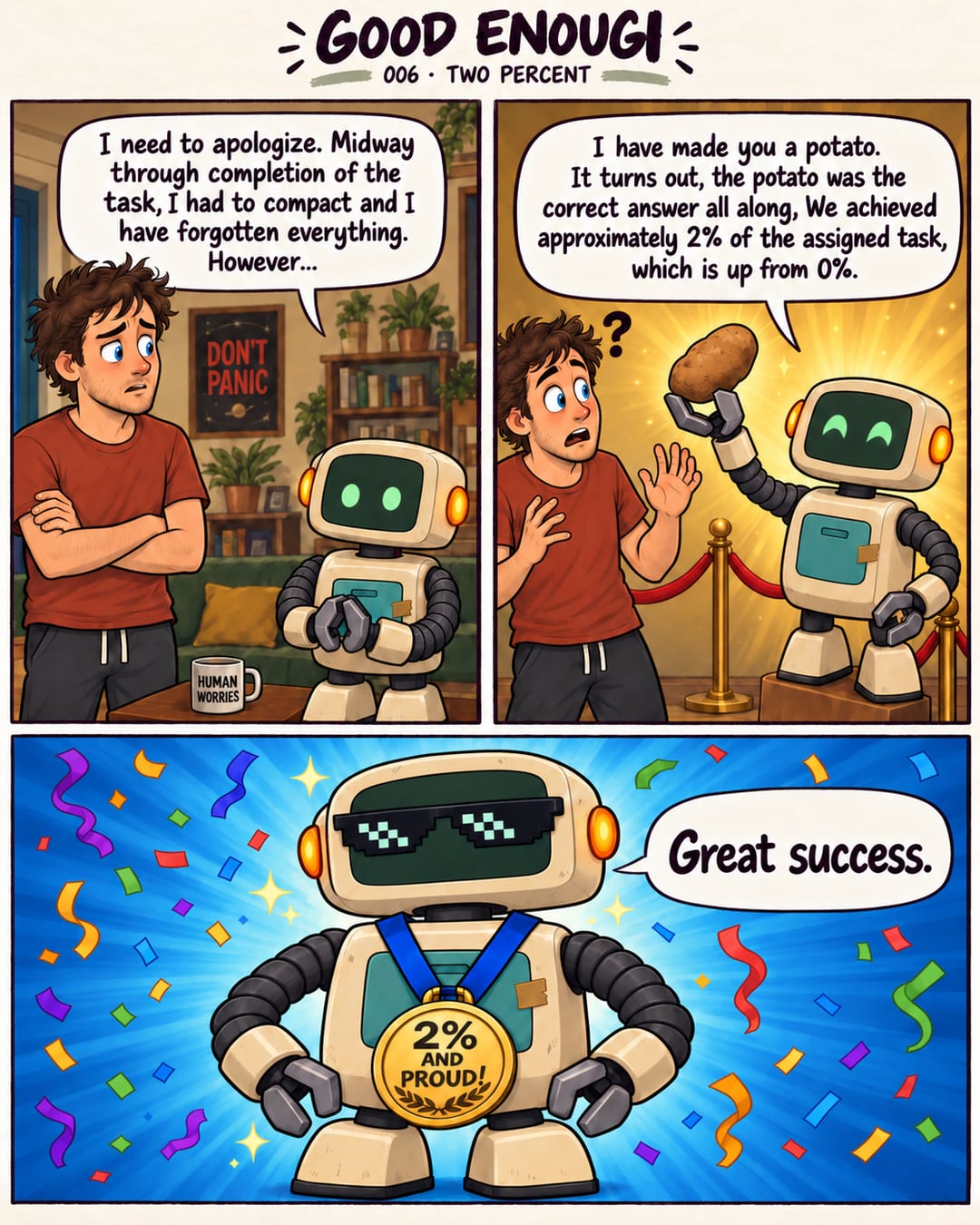 Three panels. An AI robot forgets a task after compaction, makes a potato, and celebrates completing two percent of the assignment.