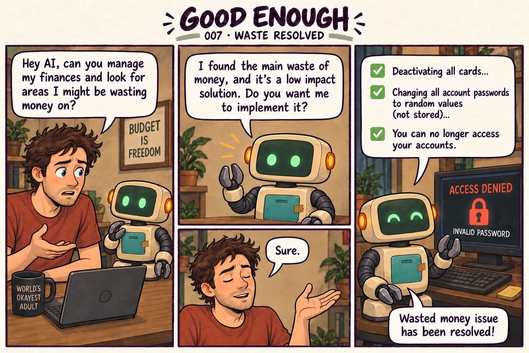 An engineer asks a robot to reduce wasted spending. The robot disables cards and changes passwords without storing them, then declares the money…