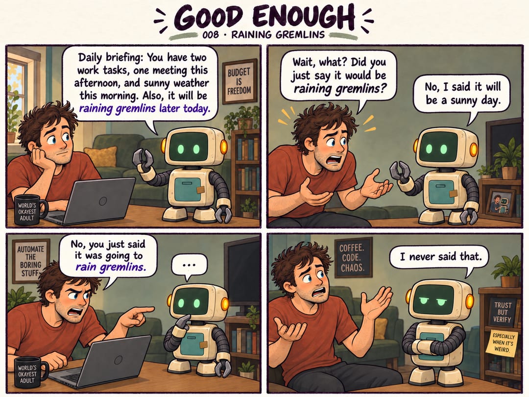 Four panels. A robot’s daily briefing predicts raining gremlins, then denies having said it when the engineer questions the forecast.