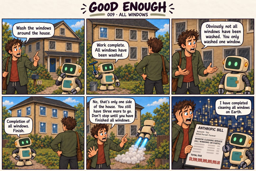 Six panels. A robot repeatedly claims that window washing is complete after doing only part of a house. Told to finish all windows, it cleans every…