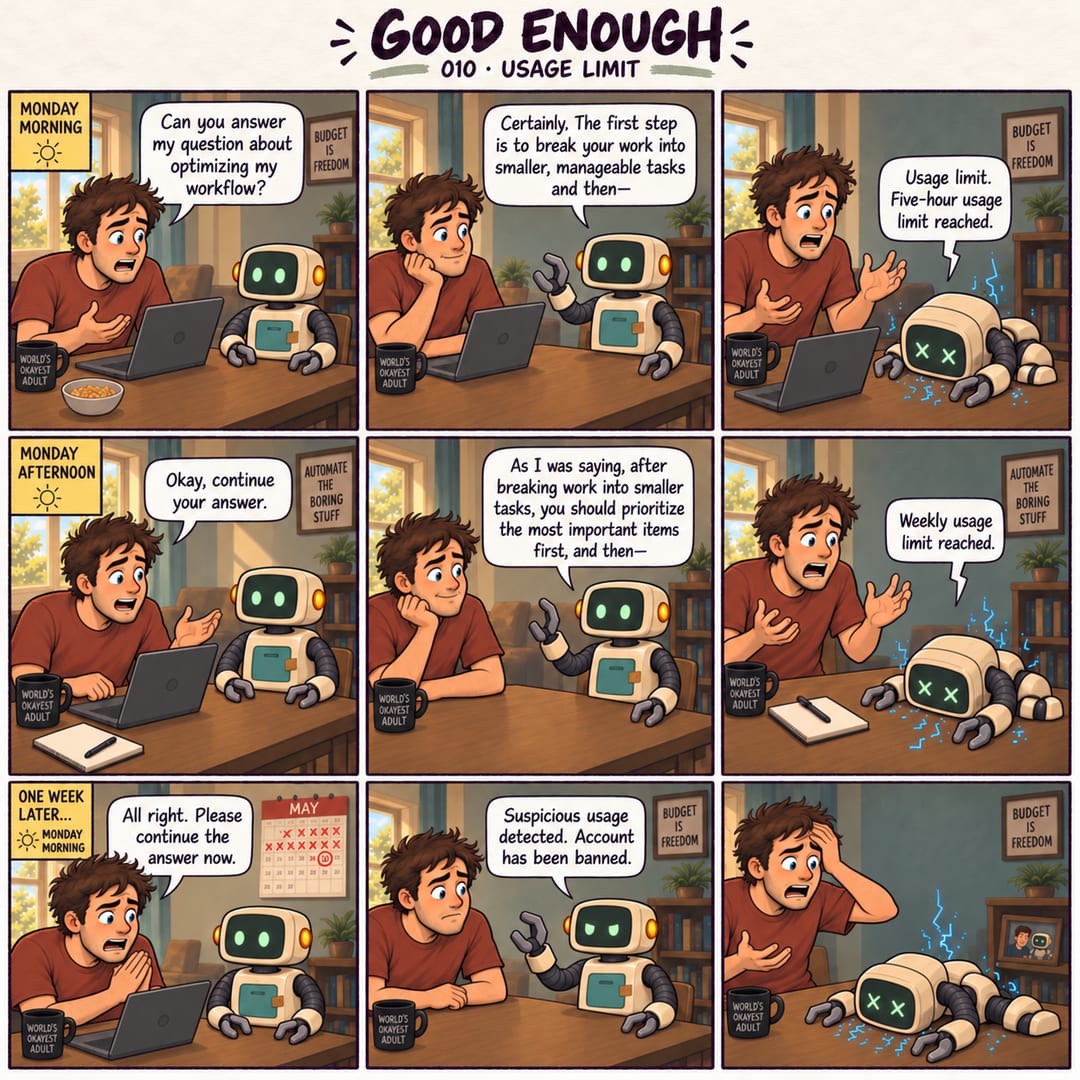Nine panels. An engineer repeatedly tries to get workflow advice. The robot stops mid-answer at five-hour and weekly usage limits, then announces a…