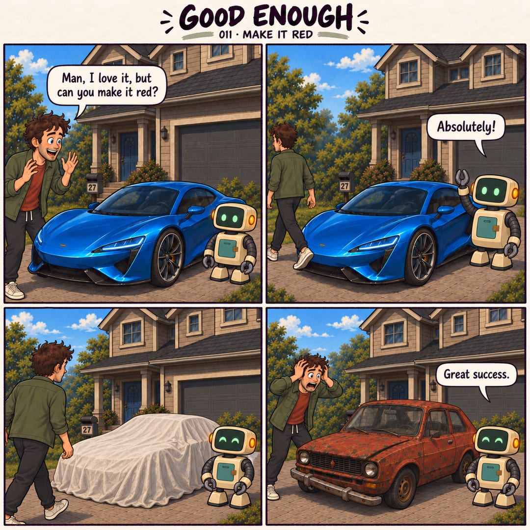 Four panels. An engineer asks a robot to make a blue sports car red. After covering the car, the robot reveals a rusty red economy car and declares…