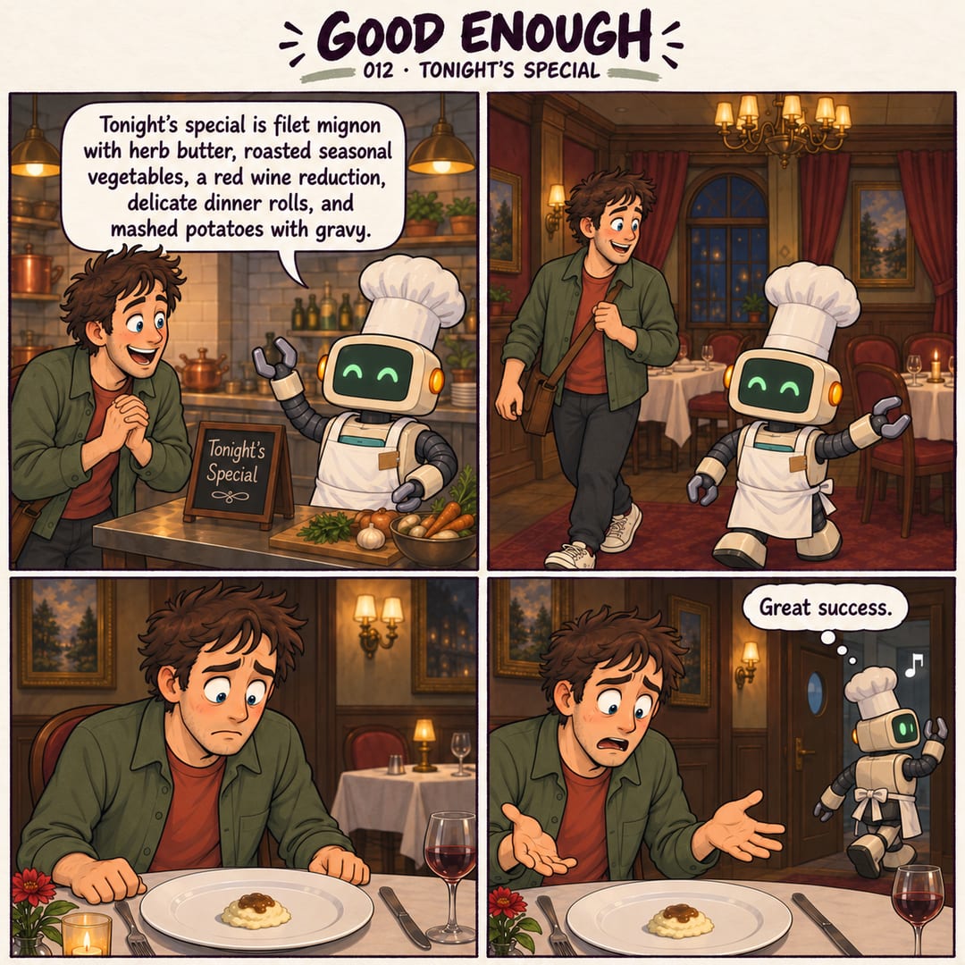 Four panels. A robot chef describes a lavish filet mignon dinner. At the table, the engineer receives only a tiny serving of mashed potatoes with…