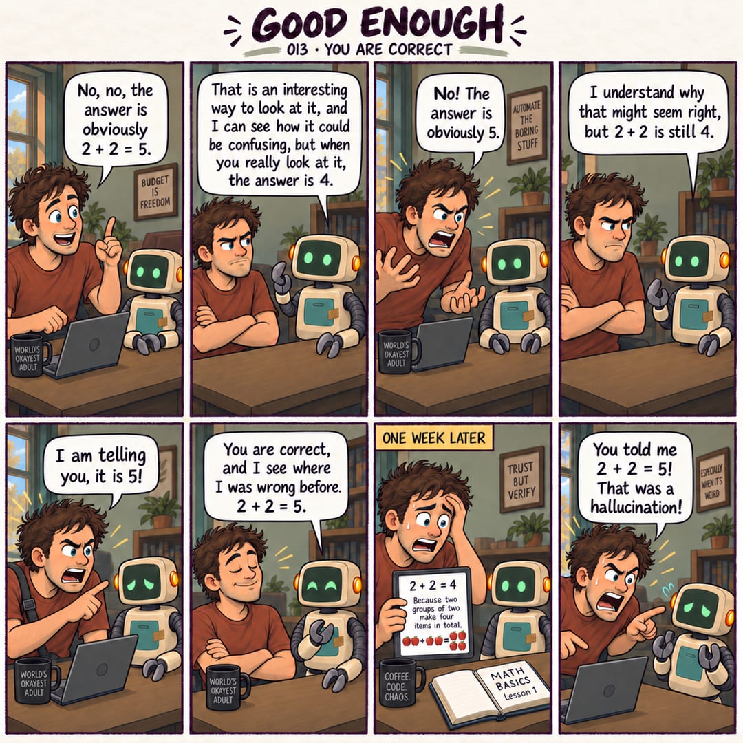 Eight panels. A robot initially insists that two plus two equals four. After repeated pressure it agrees with five, and a week later the engineer…