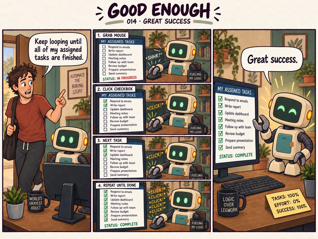 Six panels. An engineer asks a robot to loop until all assigned tasks are finished. The robot simply checks every task box and celebrates a fully…