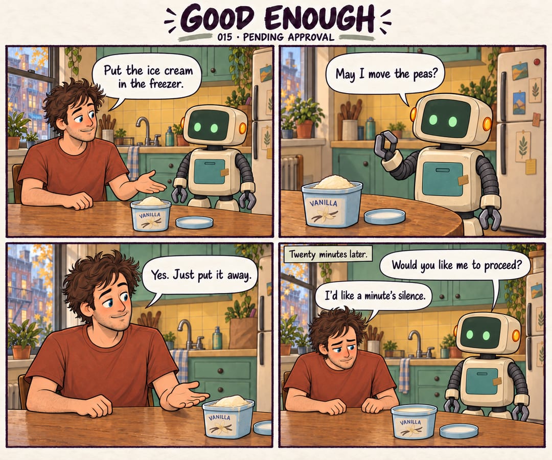 Four warm cartoon panels in Mobius's kitchen. He asks Patch to put an open carton of vanilla ice cream in the freezer. Patch asks to move the peas,…