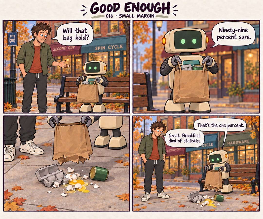 Four warm cartoon panels on a leafy Millbridge sidewalk. Mobius asks whether Patch's paper grocery bag will hold. Patch is ninety-nine percent sure.…