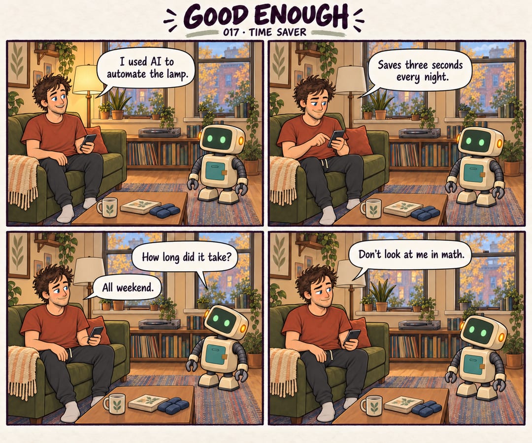 Four-panel warm cartoon in Mobius and Patch's apartment living room. Mobius, a brown-haired, blue-eyed man in a rust shirt, sits on a green sofa…