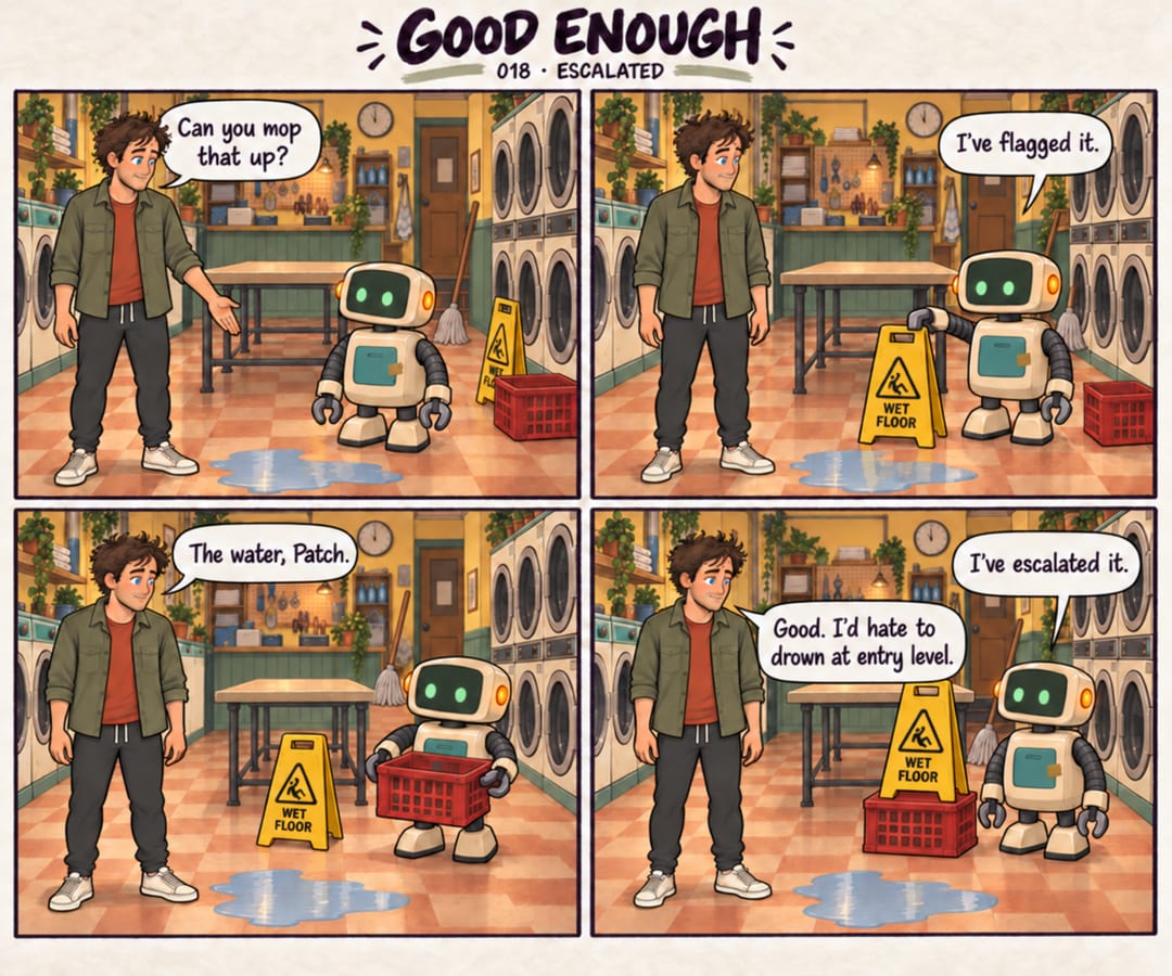 Four-panel warm cartoon in Spin Cycle laundromat. Mobius, wearing an olive overshirt, points to a shallow puddle and asks small beige robot Patch to…