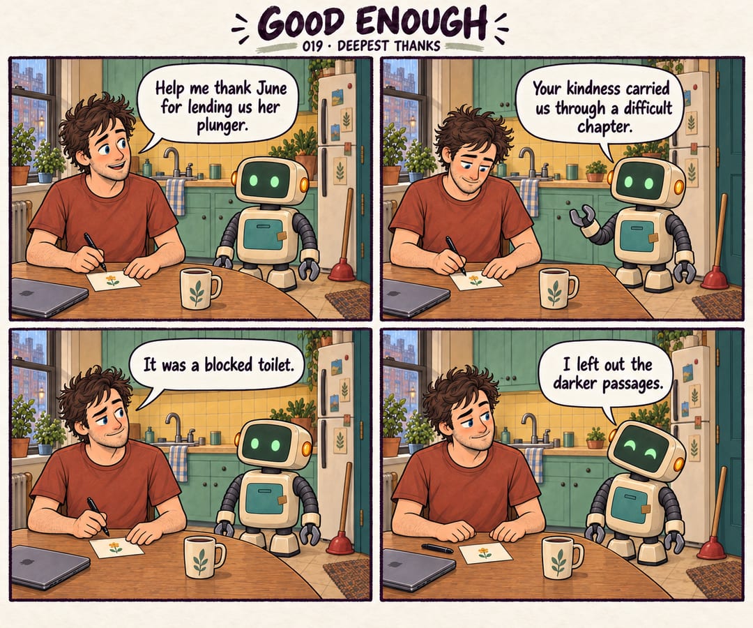 Four-panel warm cartoon in the familiar apartment kitchen. Mobius sits at the table with a thank-you card and pen, and Patch stands on the floor…