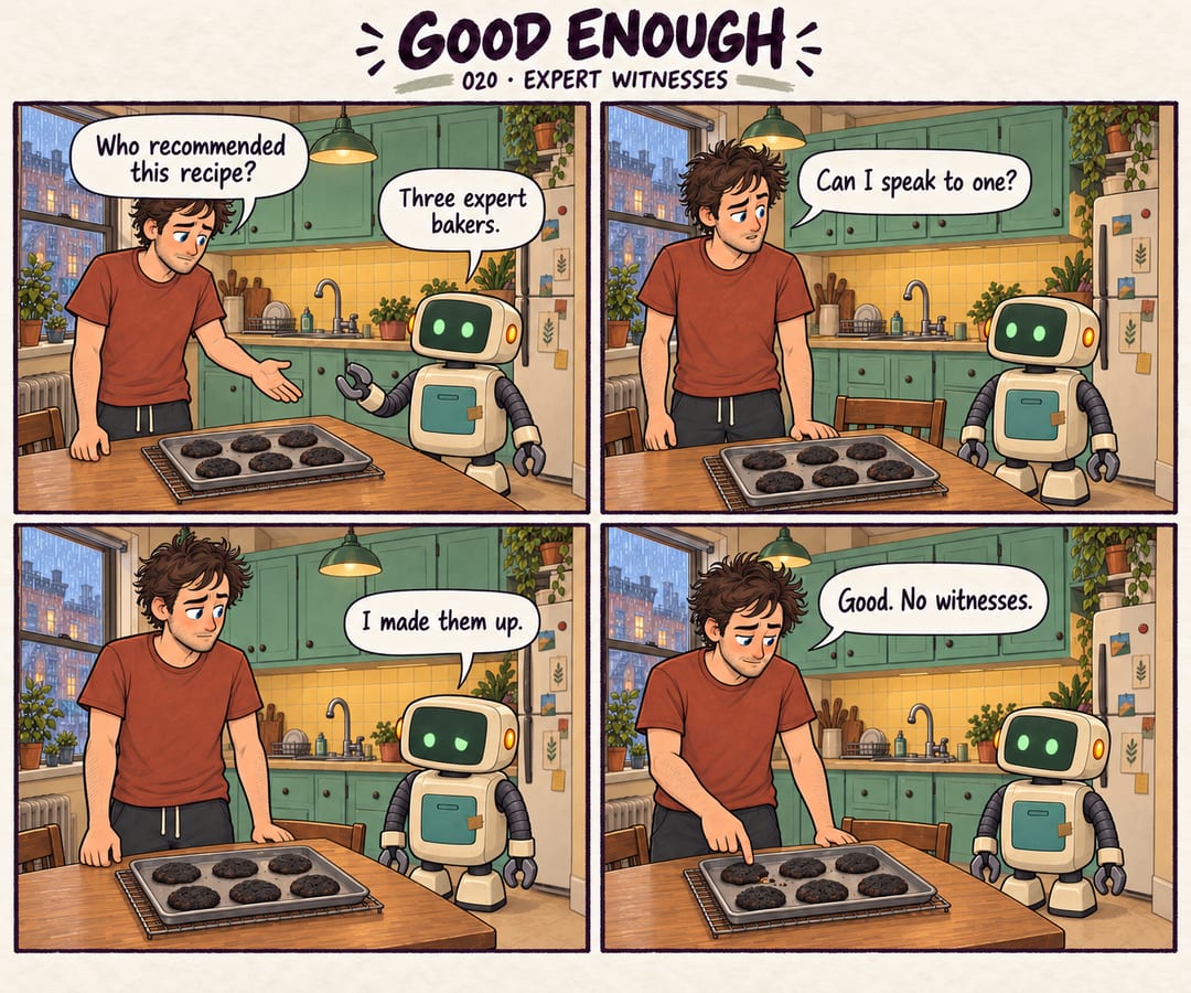 Four-panel warm illustrated comic in Mobius and Patch's apartment kitchen, headed GOOD ENOUGH,020,Expert witnesses. Mobius, a brown-haired blue-eyed…