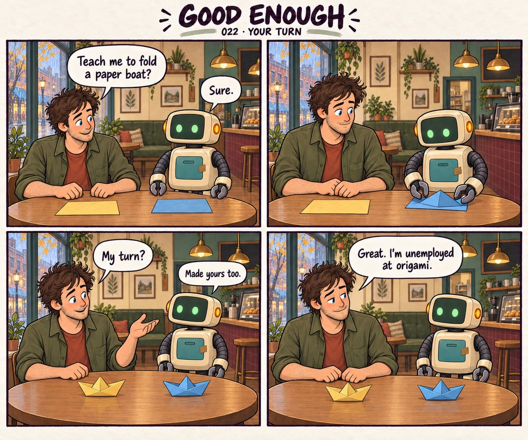 Four-panel Good Enough comic at a cafe table. Mobius asks Patch to teach him to fold a paper boat. Patch folds one while Mobius watches, then…
