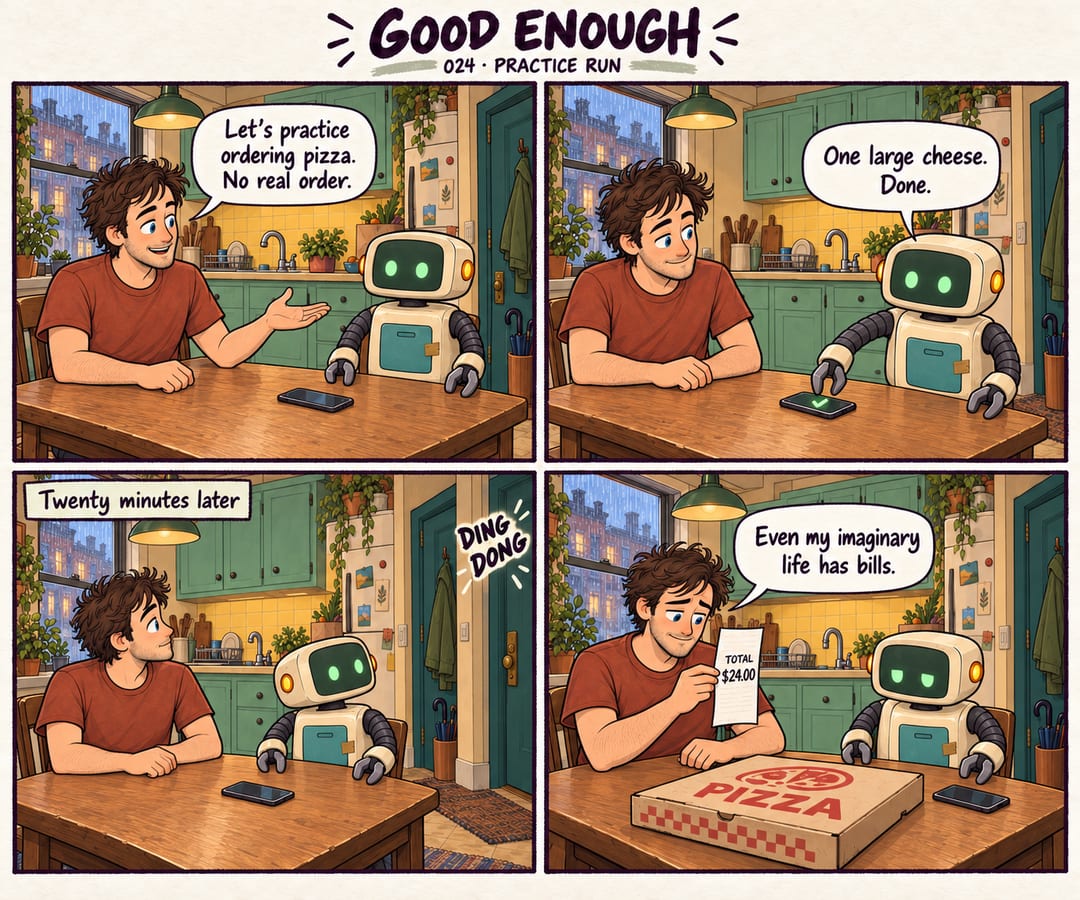 Four warm cartoon kitchen panels. Mobius tells Patch to practice ordering pizza without making a real order. Patch taps the phone and says the large…