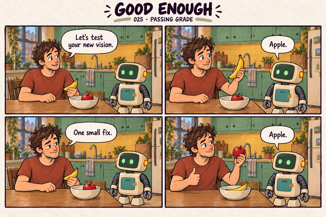 Four warm illustrated kitchen panels headed GOOD ENOUGH,025,Passing grade. Mobius, a brown-haired blue-eyed man in a rust shirt, tests his small…