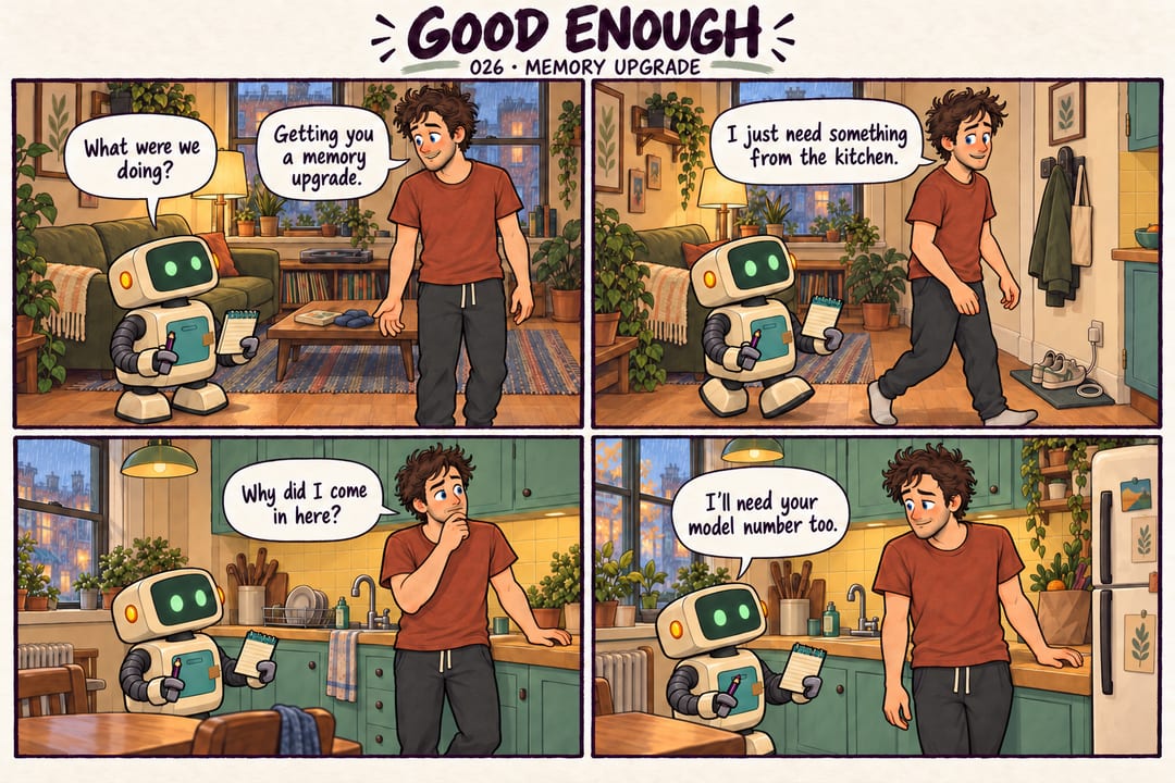 Four-panel comic. Patch forgets what he and Mobius were doing; Mobius says they were getting Patch a memory upgrade. Mobius detours to the kitchen,…
