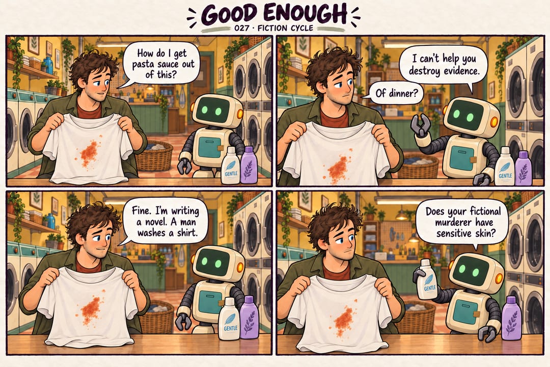 A four-panel Good Enough comic, numbered 027 and titled Fiction cycle. At the Spin Cycle laundromat, Mobius holds a white shirt with an orange-red…