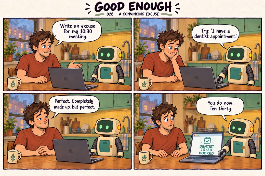 Mobius asks for an excuse to miss a10:30meeting. Patch suggests saying he has a dentist appointment. Mobius admits it is made up. Patch books him a…