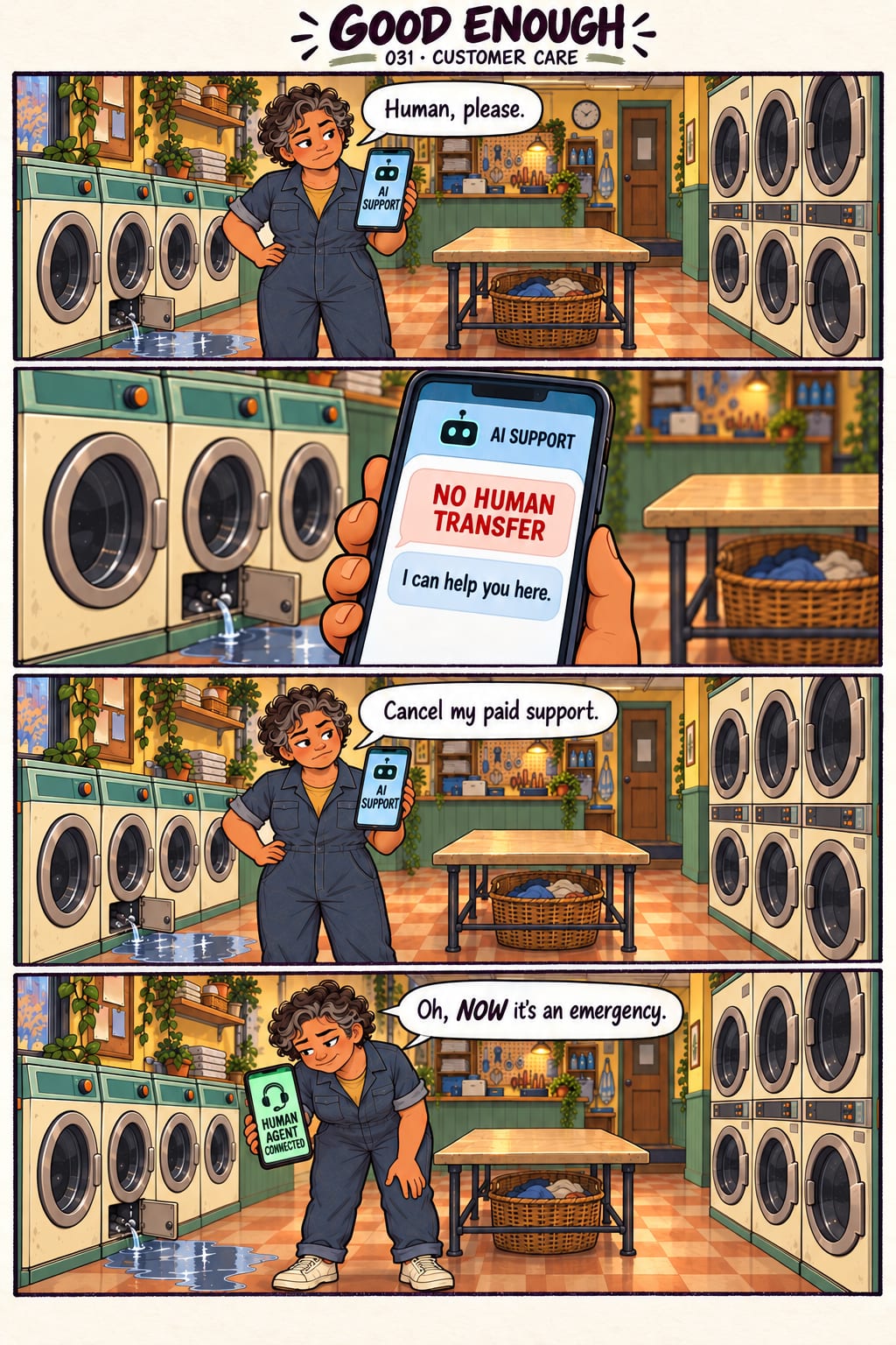 Beside a leaking washer, Rosa asks AI support for a human. The phone refuses the transfer and offers to help itself. When she asks to cancel her…