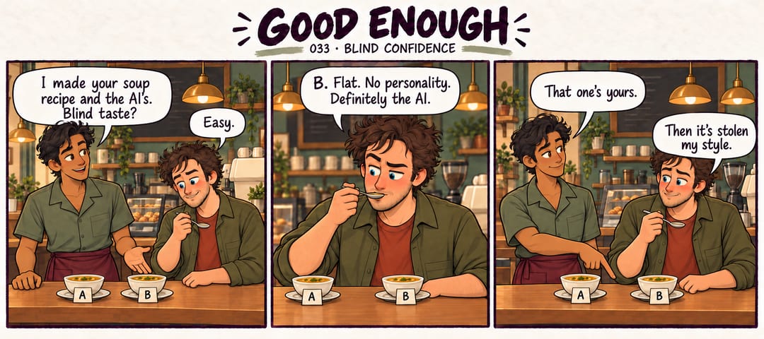 Dev serves a blind taste test of two soup recipes, one from Mobius and one from AI. Mobius tastes bowl B and calls it flat and impersonal. Dev…