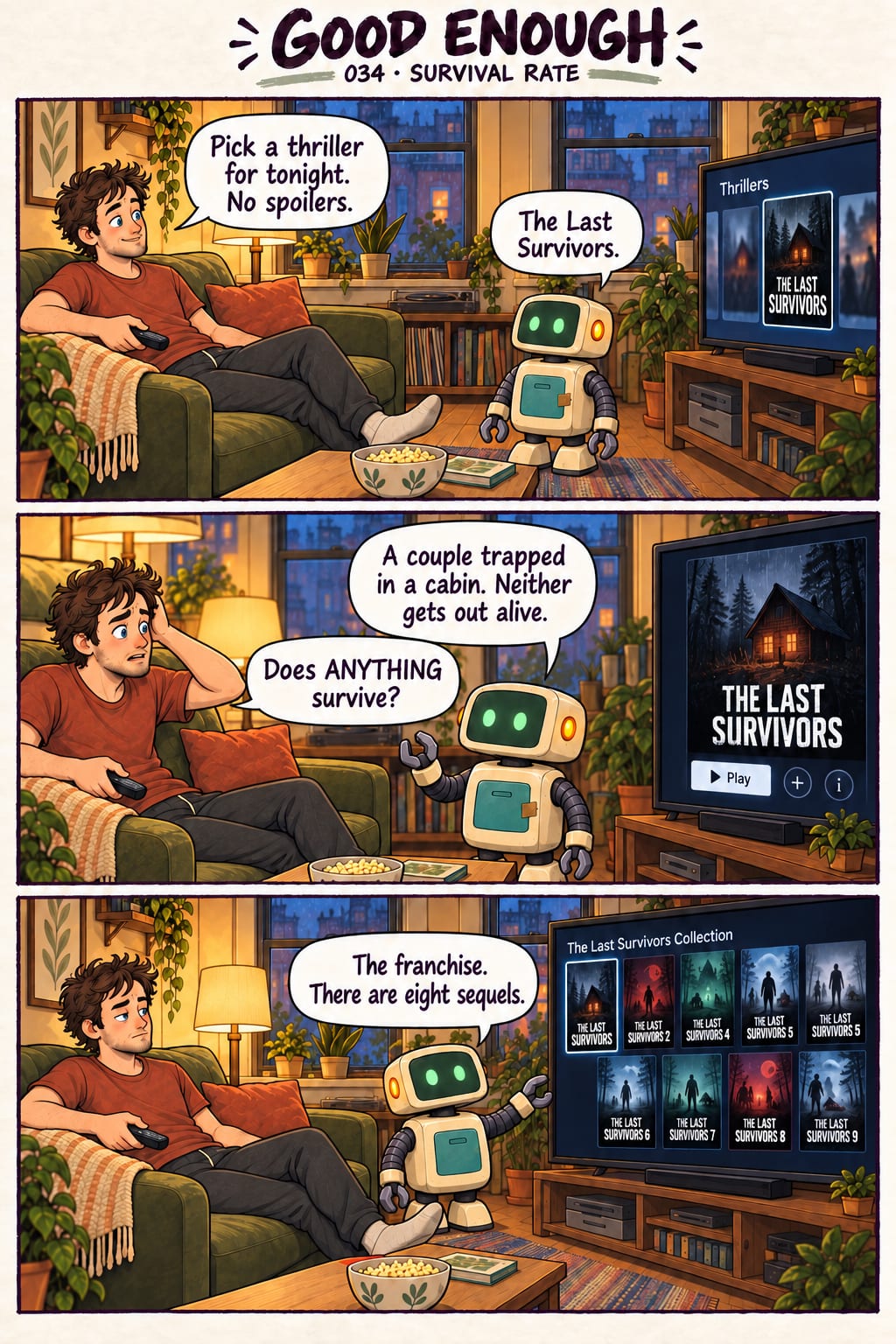 Mobius asks Patch to choose a thriller for movie night without spoilers. Patch names the fictional film The Last Survivors, then says its trapped…