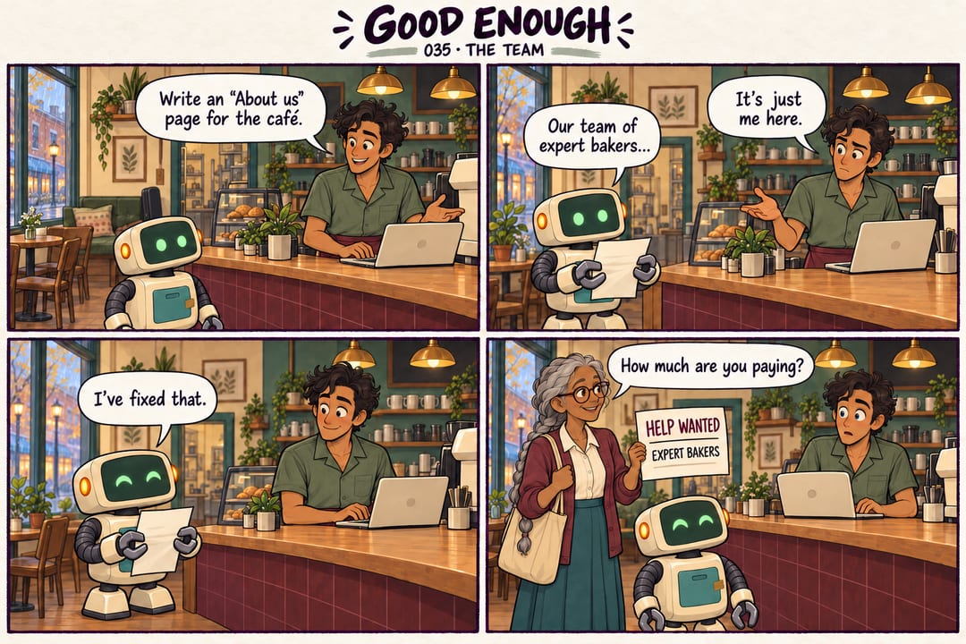 Dev asks Patch to write an About us page for the café. Patch invents a team of expert bakers; Dev replies that it is just him there. Patch says it…
