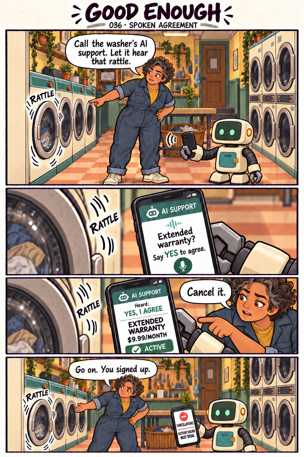 Rosa asks Patch to let the washer’s AI support hear its rattle. The support system asks whether it should add a paid warranty, and mistakes the…