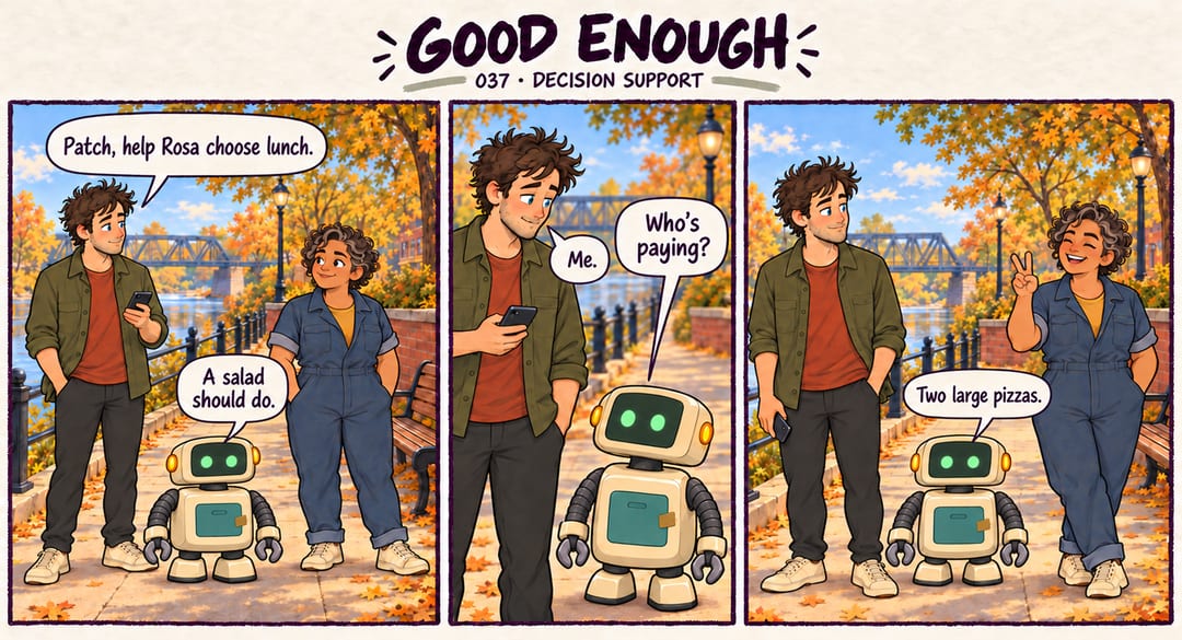 Mobius asks Patch to help Rosa choose lunch. Patch suggests a salad, then asks who is paying. When Mobius says he is, Patch revises its…