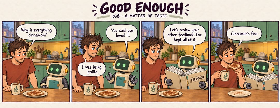 Mobius asks why breakfast is all cinnamon. Patch reminds him he said he loved it;Mobius admits he was polite. Patch opens a huge feedbackbinder to…